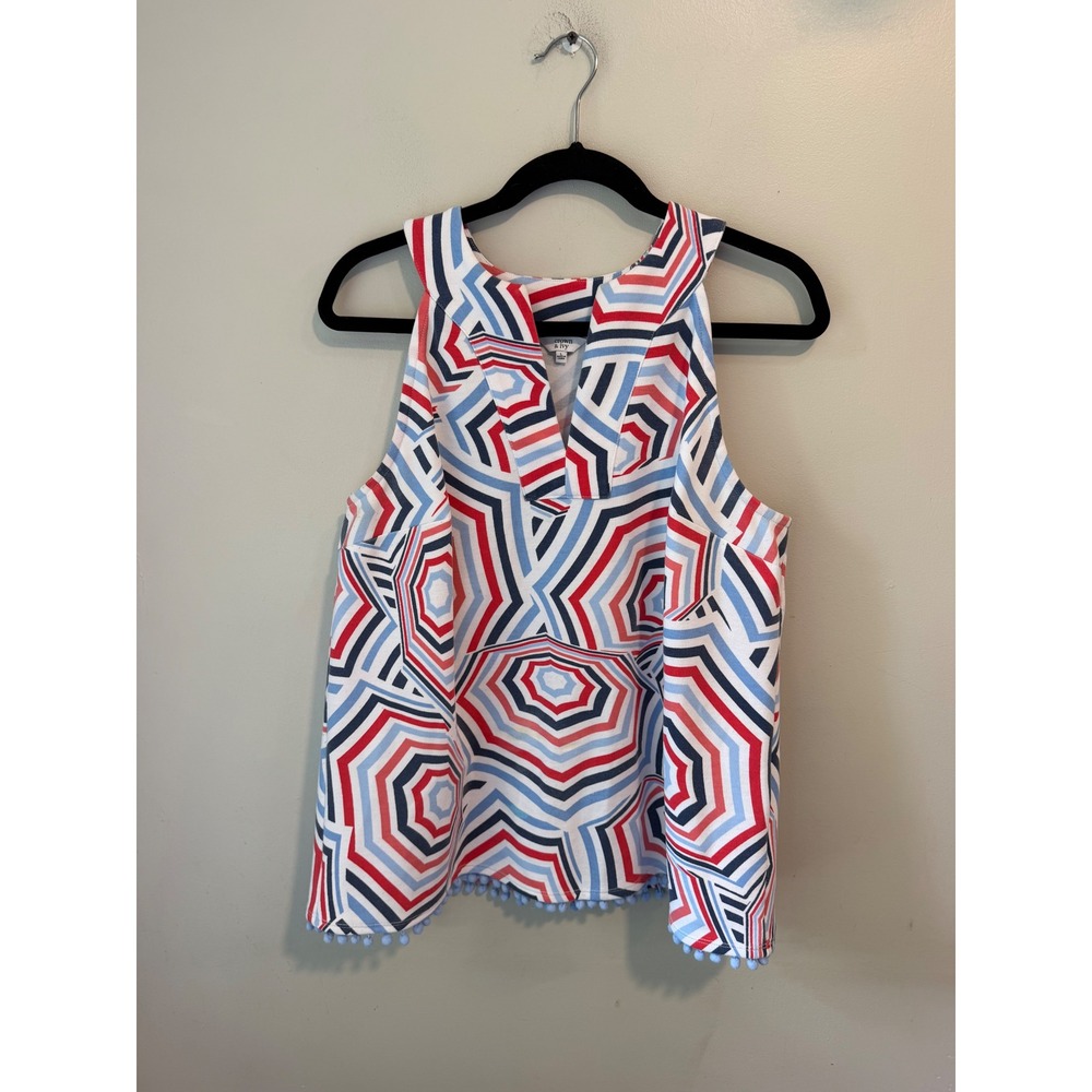 Crown & Ivy Women Red White Blue Geometric Pom Pom Trim Sleeveless Top Large